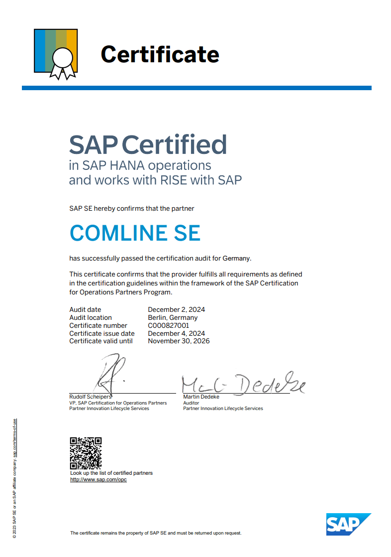 Zertifikat SAP HANA Operations COMLINE